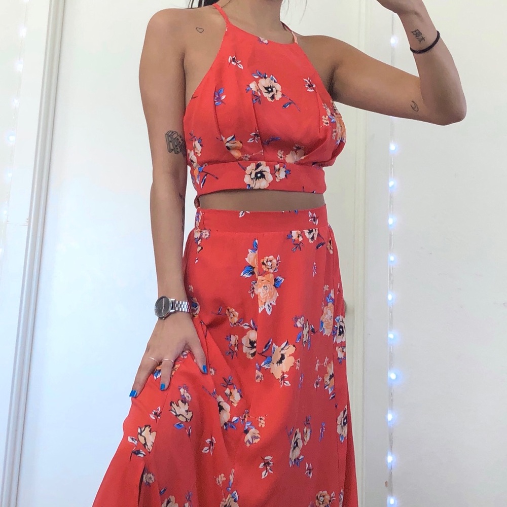 Two Piece Red Floral Dress Set